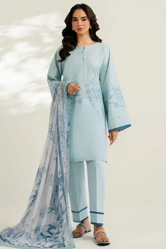Farasha Thread Lines Embroidered Misty Blue Chiffon – view 1 – Poshaq