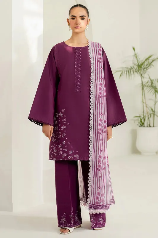Farasha Thread Lines Embroidered Old Mauve Organza – view 1 – Poshaq