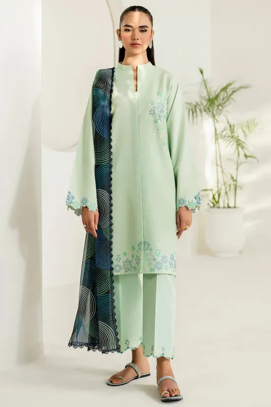 Farasha Thread Lines Embroidered Pistachio Green Organza – view 1 – Poshaq