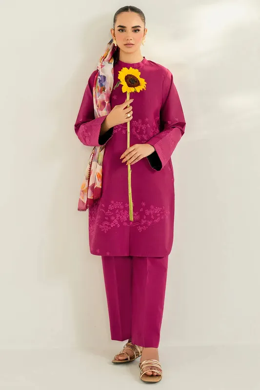 Farasha Thread Lines Embroidered Fuchsia Pink Chiffon – view 1 – Poshaq