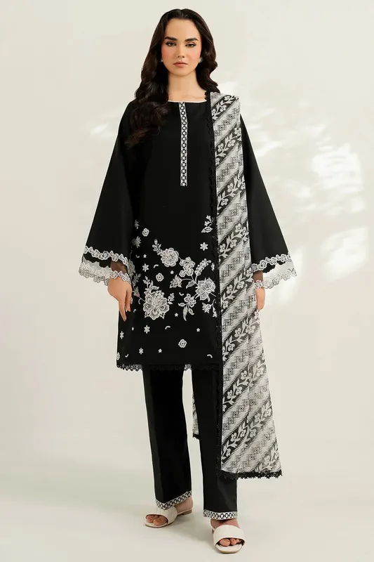 Farasha Thread Lines Embroidered Black Organza – view 1 – Poshaq