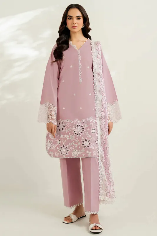 Farasha Thread Lines Embroidered Blush Pink Organza – view 1 – Poshaq