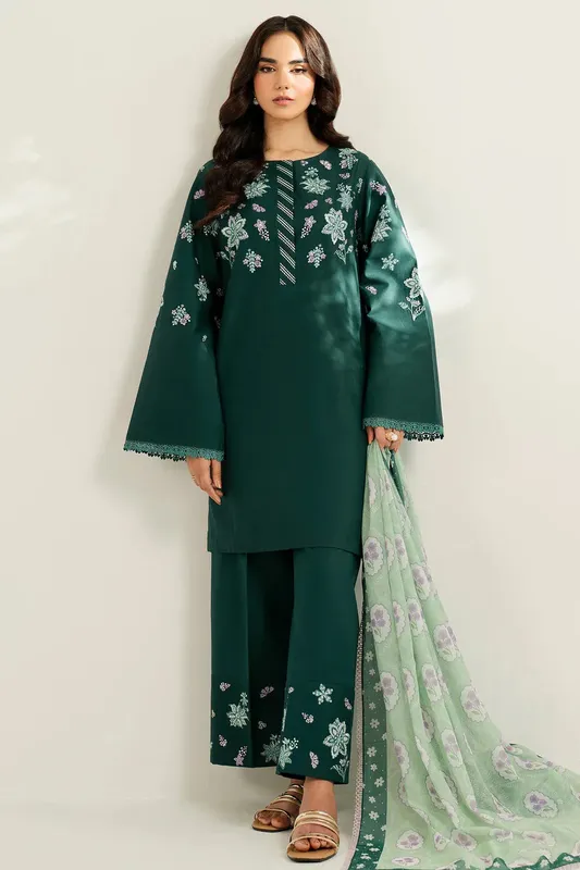 Farasha Thread Lines Embroidered Mineral Green Chiffon – view 1 – Poshaq