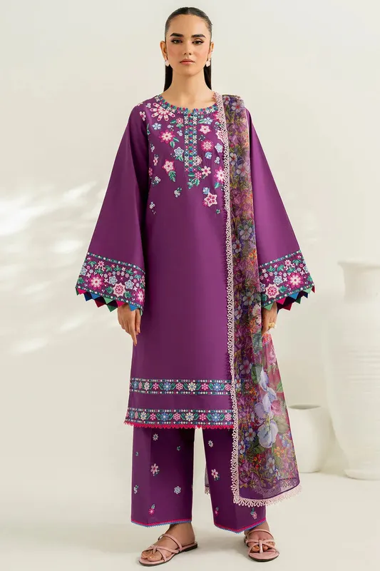 Farasha Thread Lines Embroidered Purple Chiffon – view 1 – Poshaq