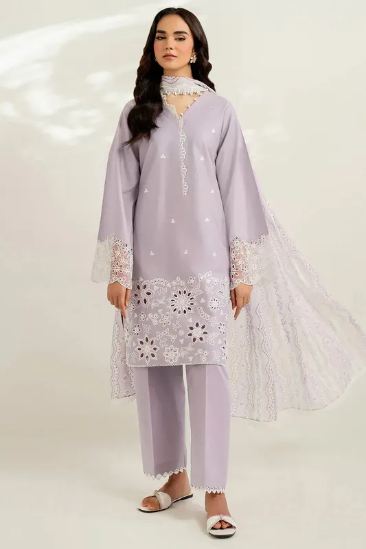 Farasha Thread Lines Embroidered Purple Gray Organza – view 1 – Poshaq