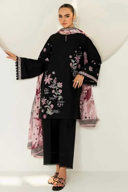 Farasha Thread Lines Embroidered Black Chiffon – view 1 – Poshaq