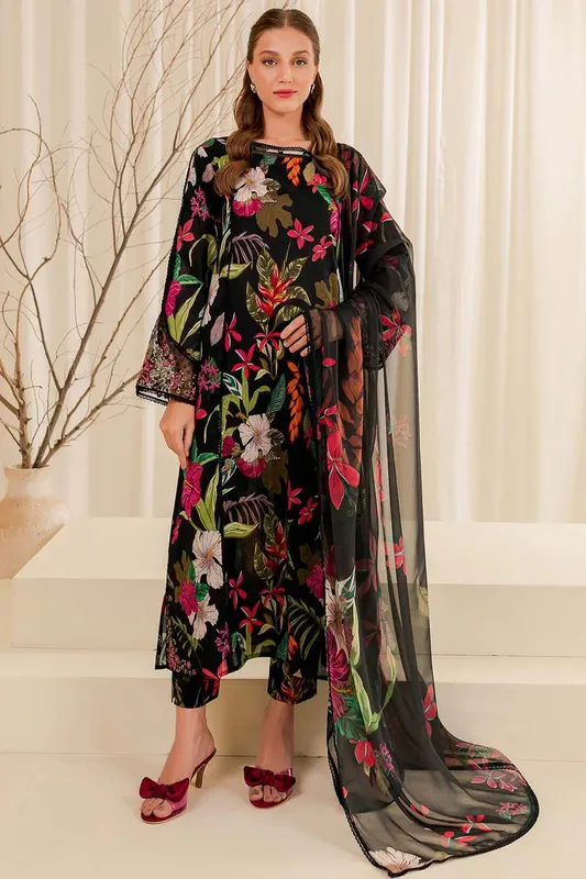 Farasha Printed Essentials Black Organza – view 1 – Poshaq