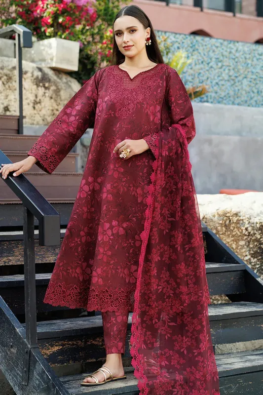 Farasha Printed Essentials Maroon Organza – view 1 – Poshaq
