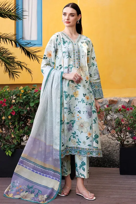 Farasha Printed Essentials Aqua Organza – view 1 – Poshaq