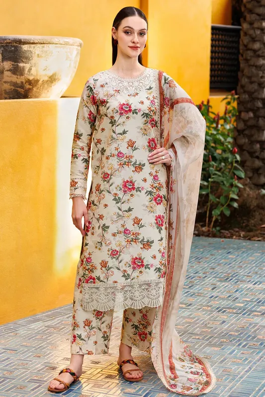 Farasha Printed Essentials Ivory Organza – view 1 – Poshaq