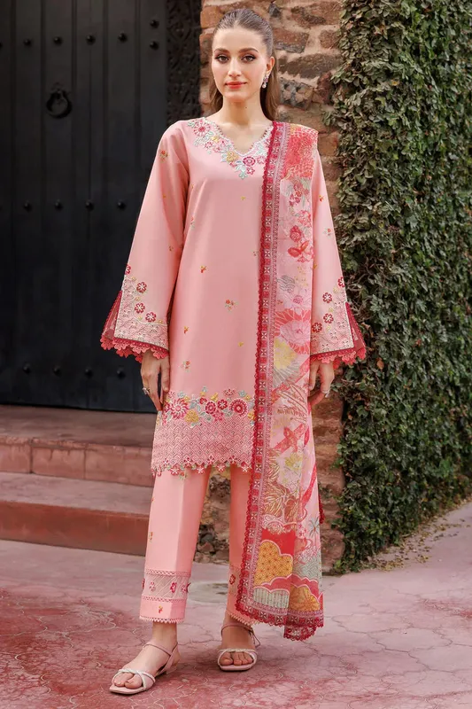 Farasha Printed Essentials Peach Pink Organza – view 1 – Poshaq