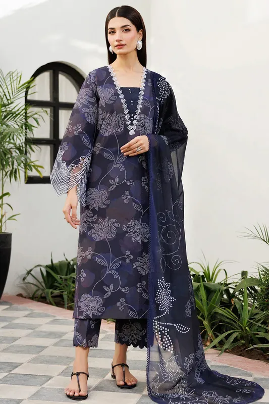 Farasha Printed Essentials Midnight Blue Organza – view 1 – Poshaq