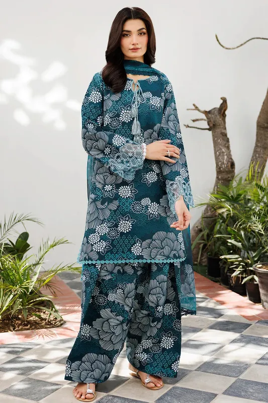 Farasha Printed Essentials Medium Turquoise Organza – view 1 – Poshaq