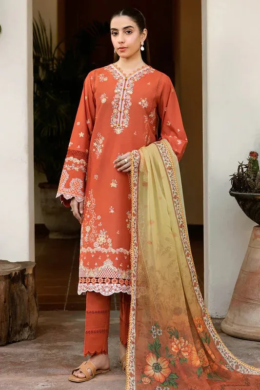 Farasha Summer Weaves Embroidered Lawn Burnt Orange Chiffon – view 1 – Poshaq