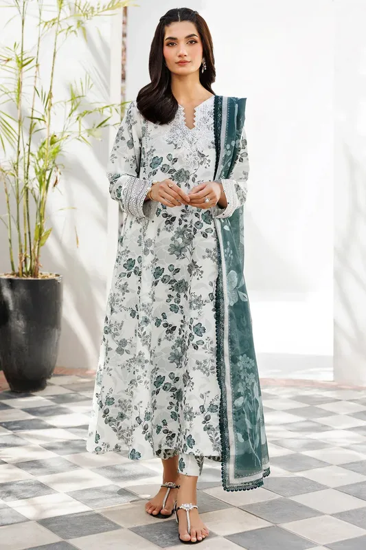 Farasha Printed Essentials Off White Organza – view 1 – Poshaq