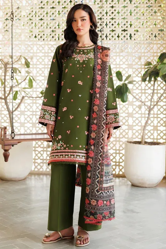 Farasha Summer Weaves Embroidered Lawn Olive Green Cotton – view 1 – Poshaq
