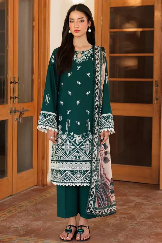 Farasha Summer Weaves Embroidered Lawn Deep Teal Green Chiffon – view 1 – Poshaq