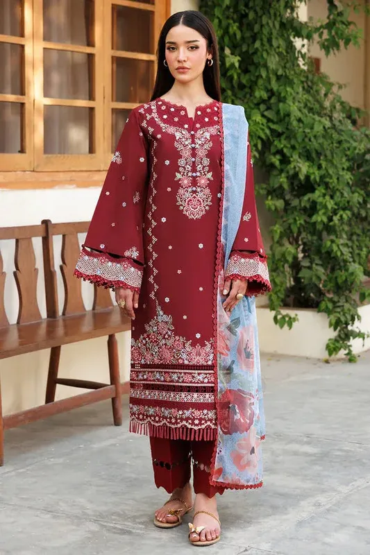 Farasha Summer Weaves Embroidered Lawn Maroon Chiffon – view 1 – Poshaq