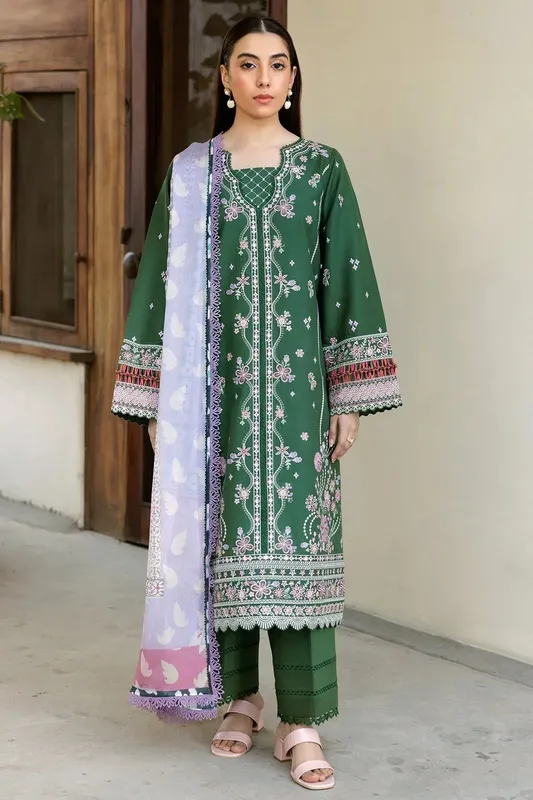 Farasha Summer Weaves Embroidered Lawn Bottle Green Cotton – view 1 – Poshaq