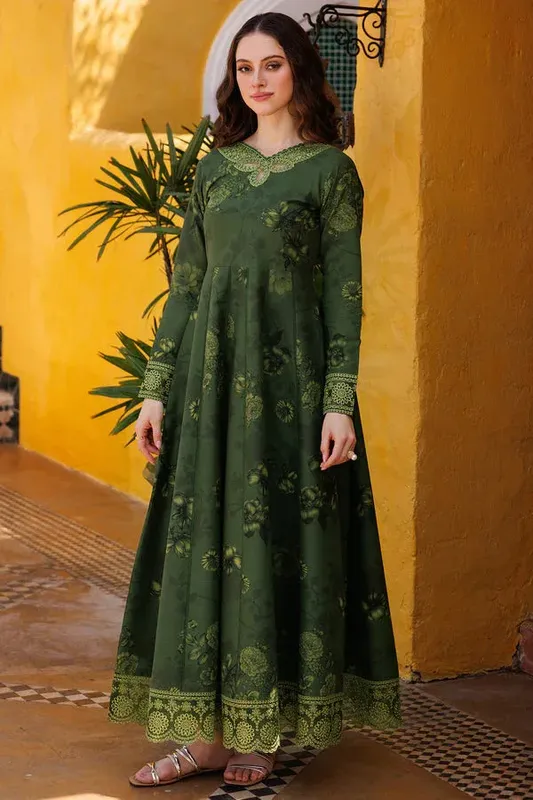 Farasha Printed Essentials Deep Olive Green Organza – view 1 – Poshaq