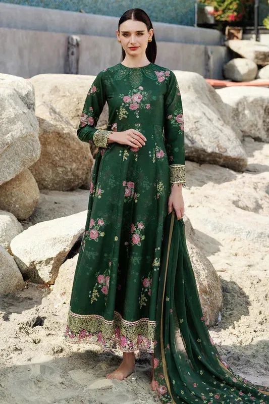 Farasha Printed Essentials Dark Green Organza – view 1 – Poshaq