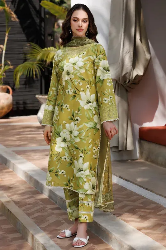 Farasha Printed Essentials Olive Organza – view 1 – Poshaq