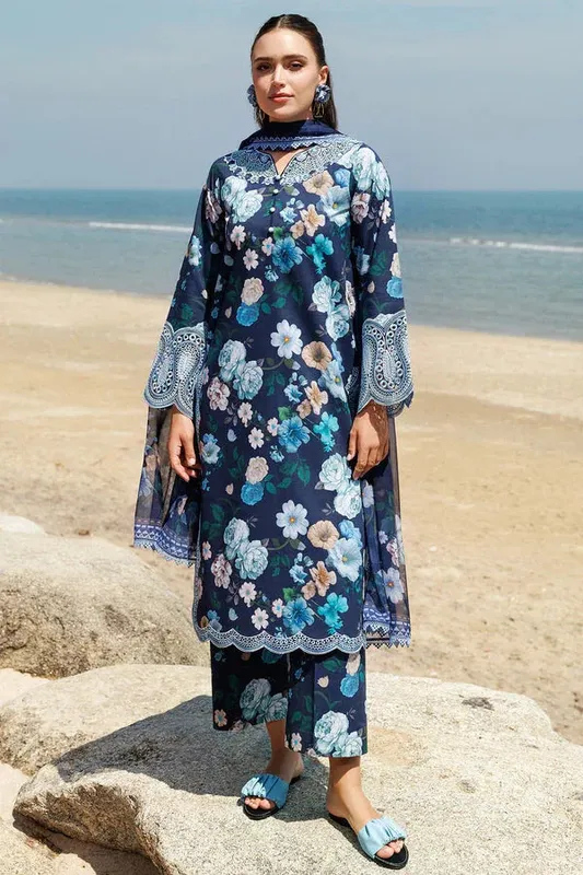 Farasha Printed Essentials Navy Blue Organza – view 1 – Poshaq