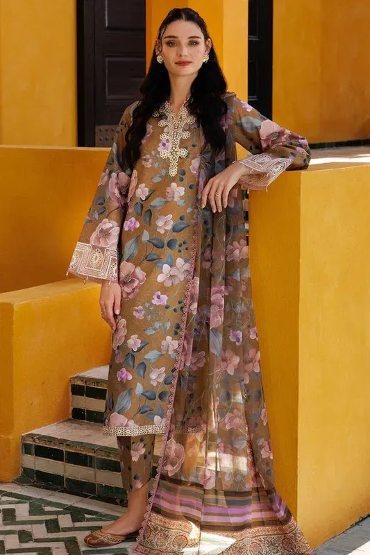Farasha Printed Essentials Brown Organza – view 1 – Poshaq