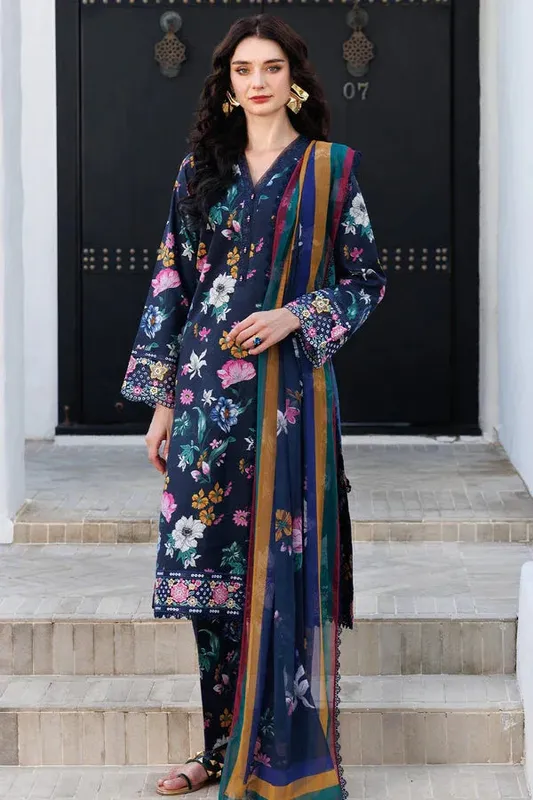 Farasha Printed Essentials Navy Blue Organza – view 1 – Poshaq