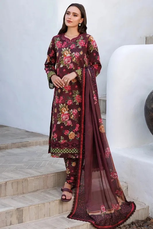 Farasha Printed Essentials Dark Plum Organza – view 1 – Poshaq