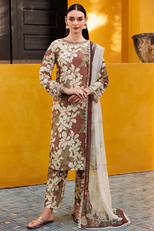 Farasha Printed Essentials Brown Organza – view 1 – Poshaq