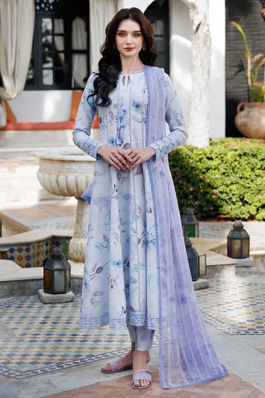 Farasha Printed Essentials LIight blue Grey Organza – view 1 – Poshaq