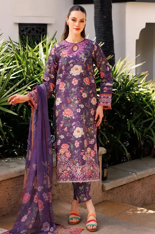Farasha Printed Essentials Plum Organza – view 1 – Poshaq