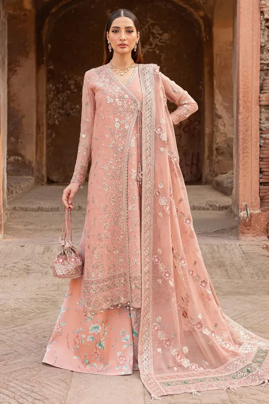 Pale peach angrakha with organza and chiffon detailing – view 1 – Poshaq