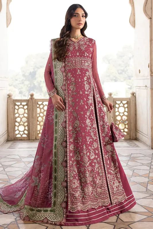 Magenta bridal lehnga set with raw silk trouser and embroidered organza dupatta – view 1 – Poshaq