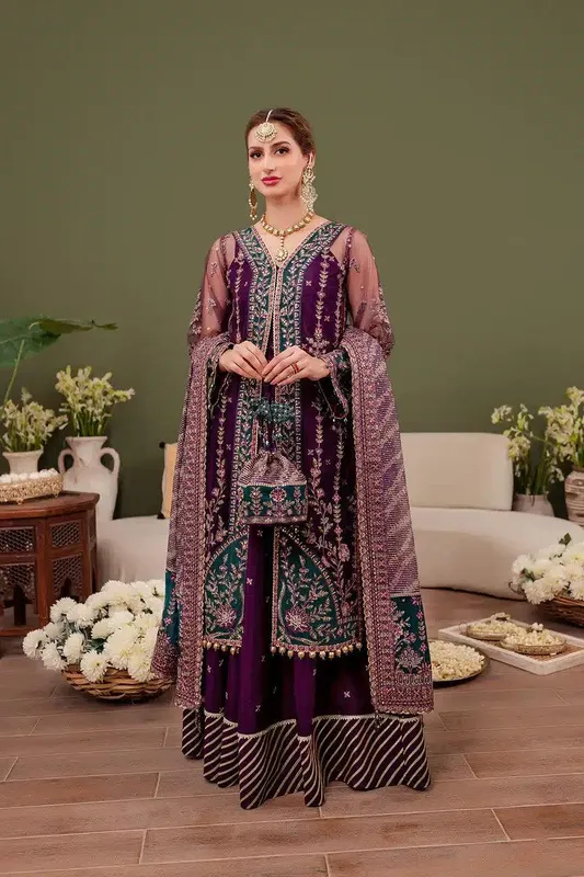 Farasha Tabeer Wedding Formals 23 Purple Raw Silk – view 1 – Poshaq
