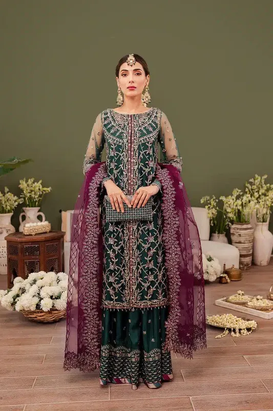 Farasha Tabeer Wedding Formals 23 Green Raw Silk – view 1 – Poshaq