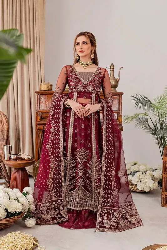 Farasha Tabeer Wedding Formals 23 Maroon Organza – view 1 – Poshaq