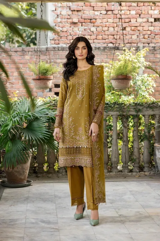 Farasha Bahaar Embroidered Lawn Mustard Organza – view 1 – Poshaq
