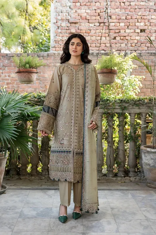 Farasha Bahaar Embroidered Lawn Beige Organza – view 1 – Poshaq