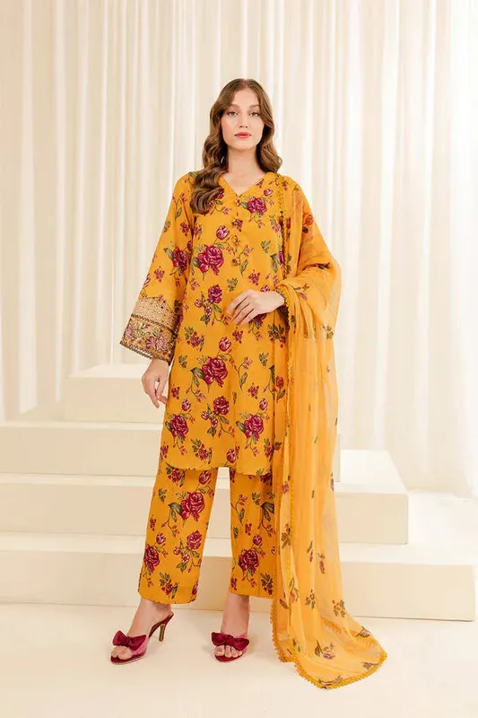 Farasha Printed Essentials Yellow Organza – view 1 – Poshaq