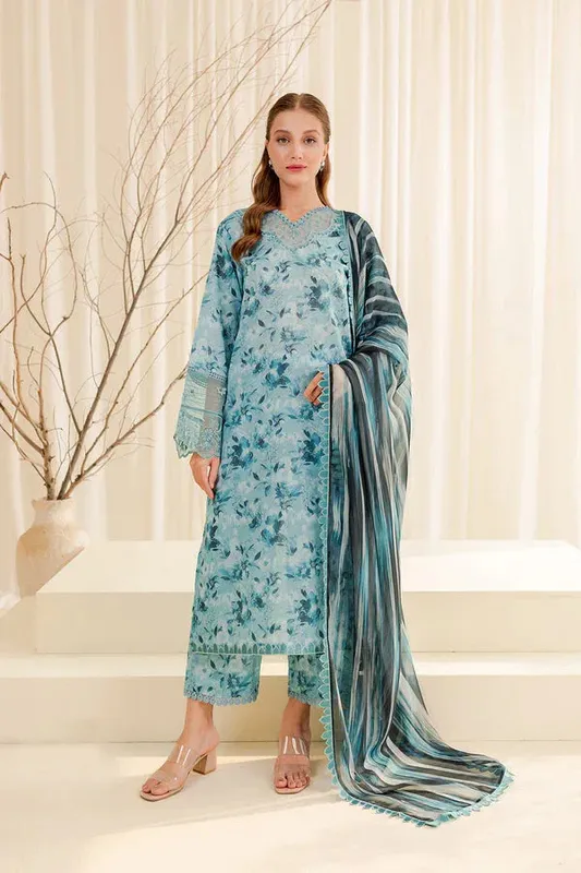 Farasha Printed Essentials Blue Organza – view 1 – Poshaq