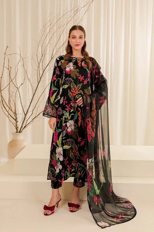 Farasha Printed Essentials Black Organza – view 1 – Poshaq