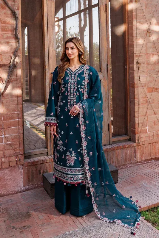 Farasha Dastoor Embroidered Lawn SS24 Teal Chiffon – view 1 – Poshaq