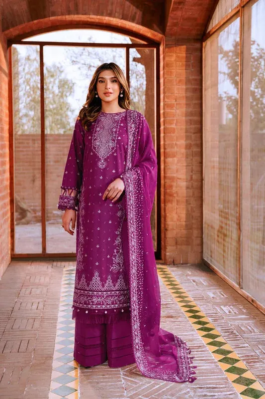 Farasha Dastoor Embroidered Lawn SS24 Magenta Chiffon – view 1 – Poshaq