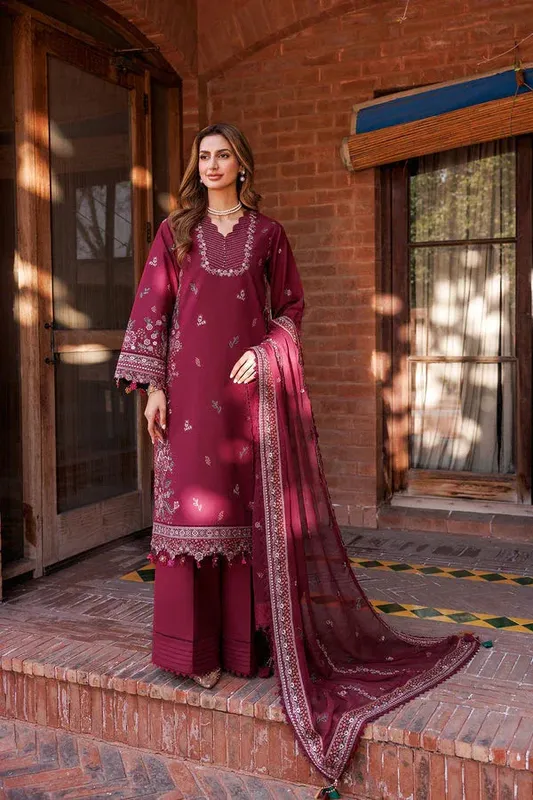 Farasha Dastoor Embroidered Lawn SS24 Maroon Chiffon – view 1 – Poshaq