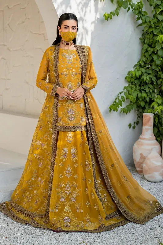 Flossie Naqsh Formals Mustard Organza – view 1 – Poshaq