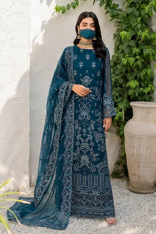 Flossie Naqsh Formals Teal Blue Organza – view 1 – Poshaq