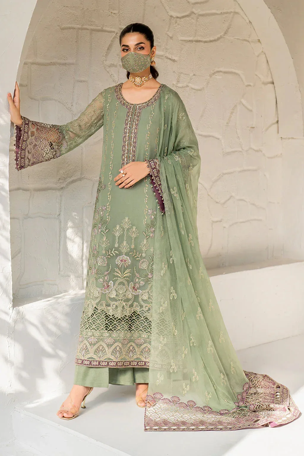 Flossie Naqsh Formals Greenish Gray Organza – view 1 – Poshaq