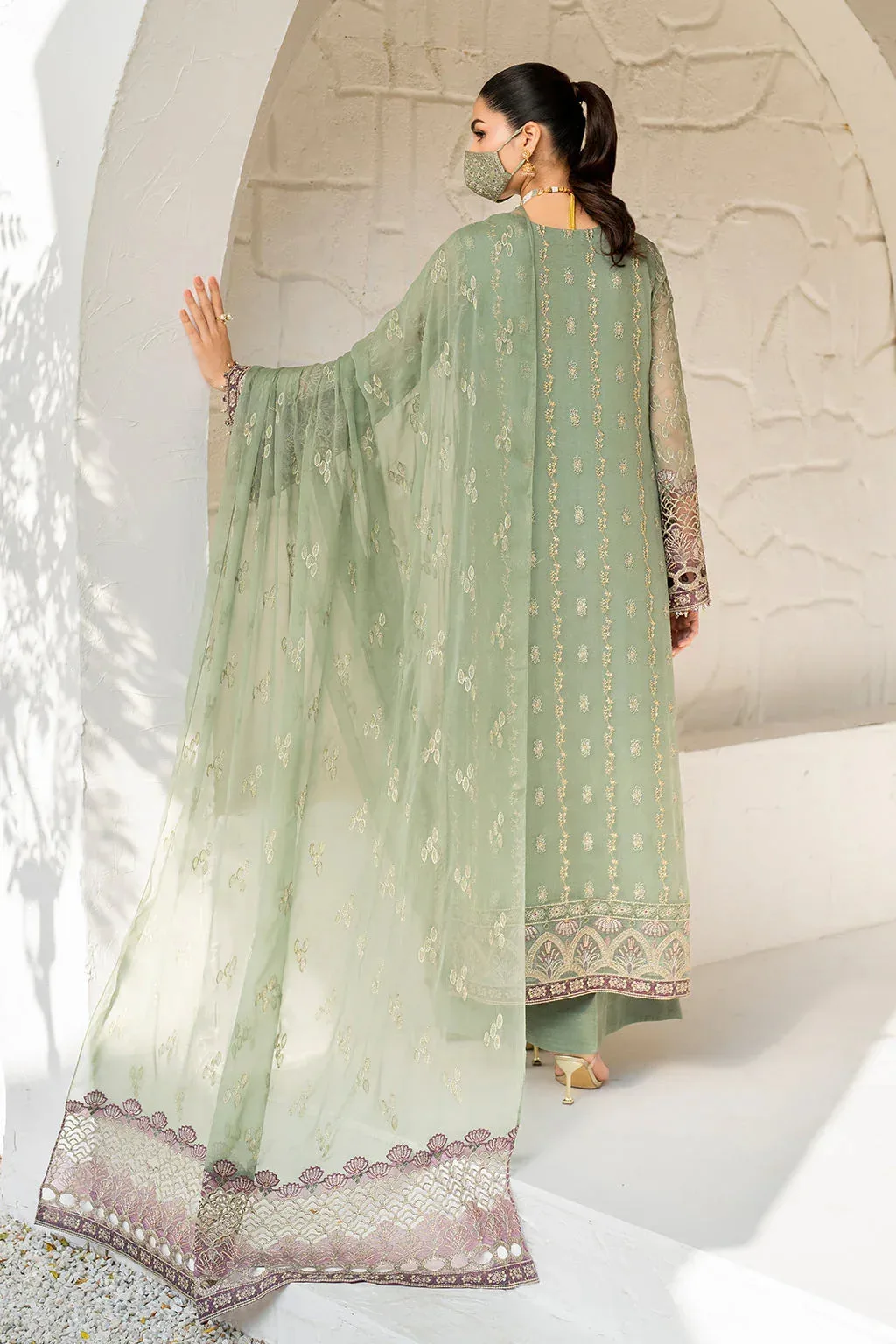 Flossie Naqsh Formals Greenish Gray Organza – view 2 – Poshaq